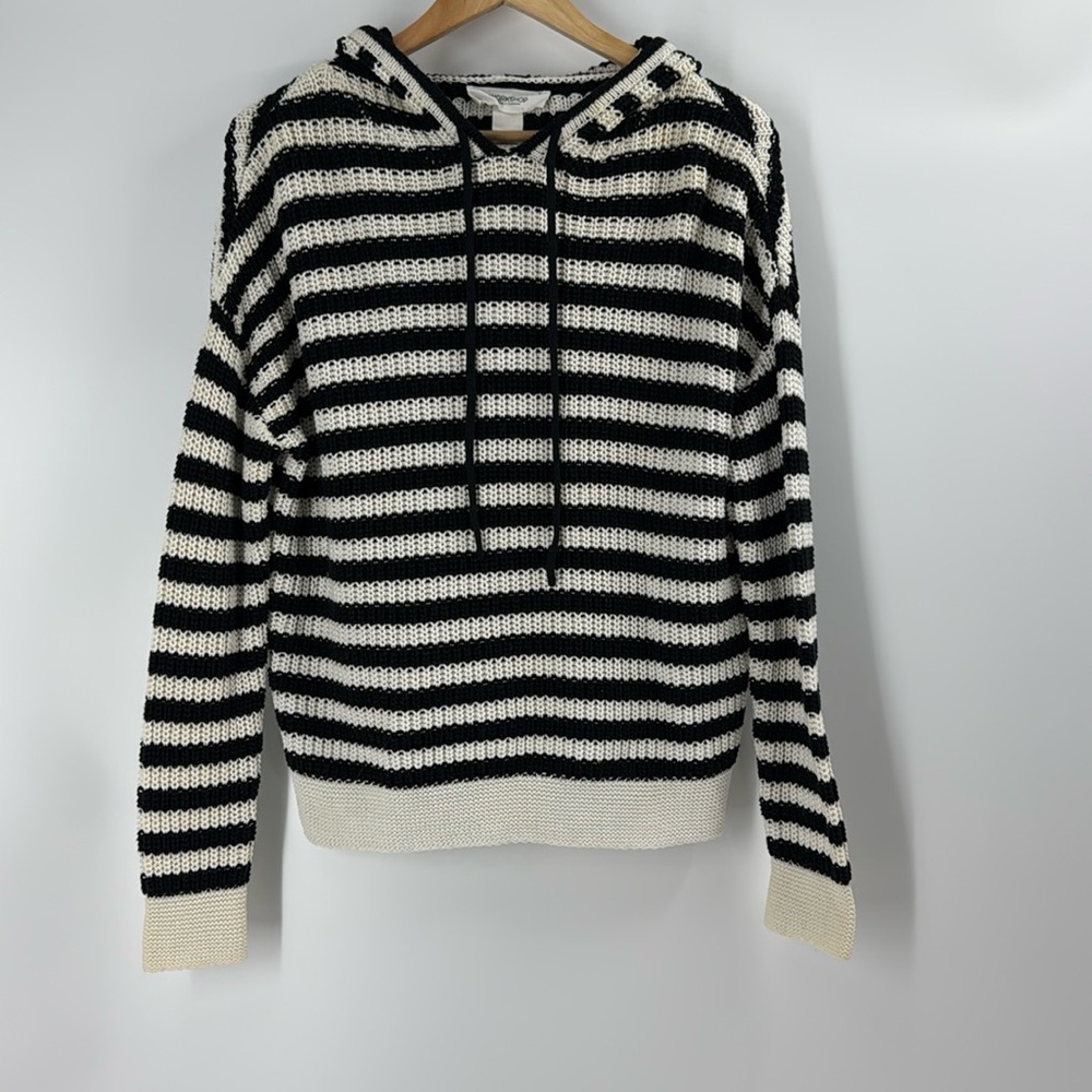 Workshop Republic black white striped hoodie pullover crochet knit cotton blend